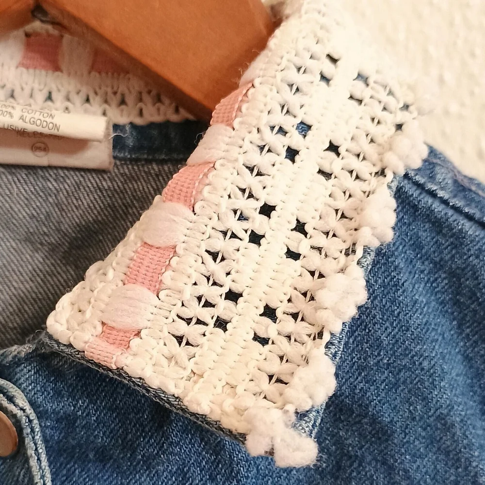 Vintage Hopscotch Pearl Snap Denim Jean Jacket Lace Collar Baby Girl 24 Mo